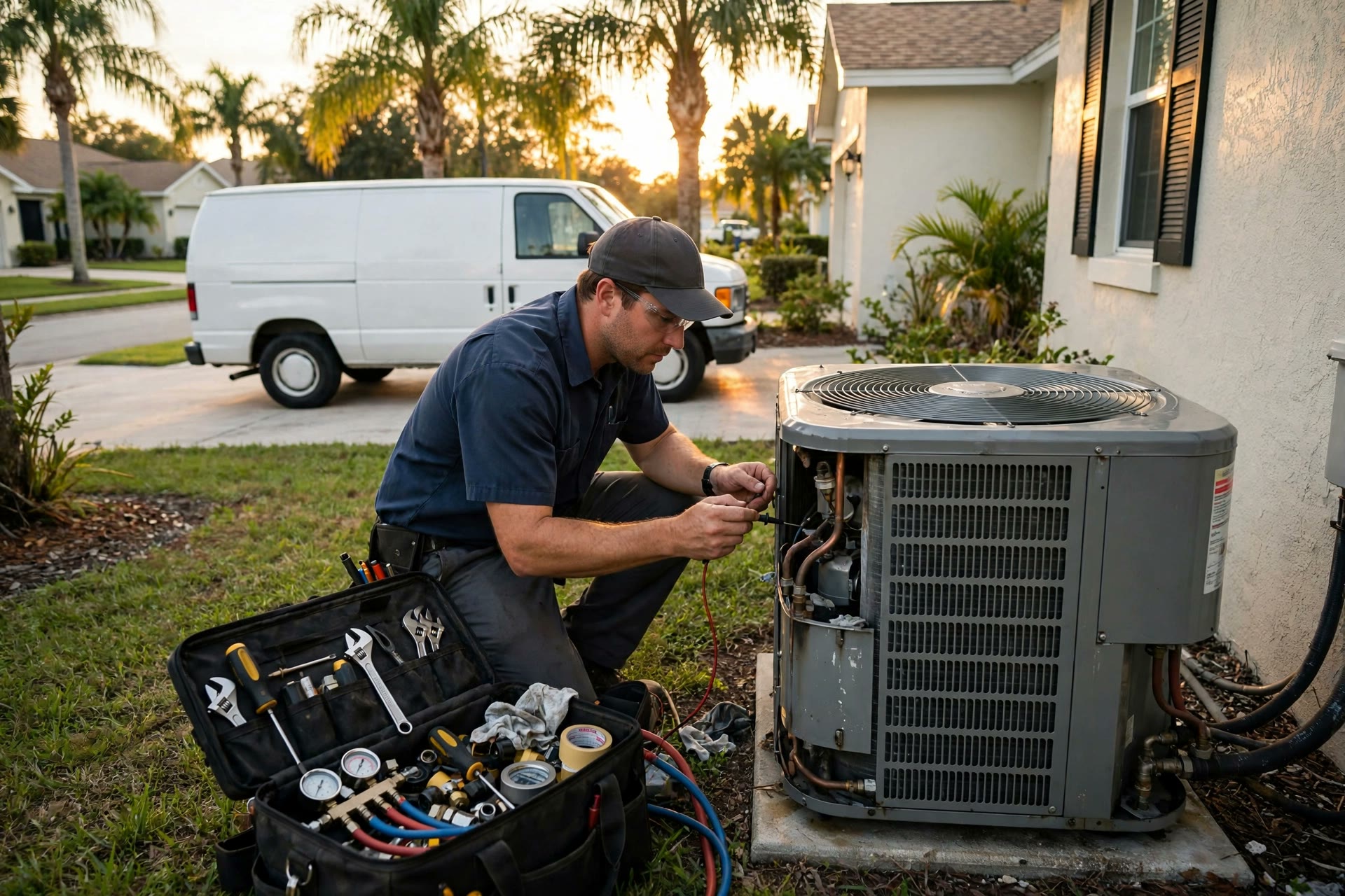 An AC technician servicing an outdoor air conditioner