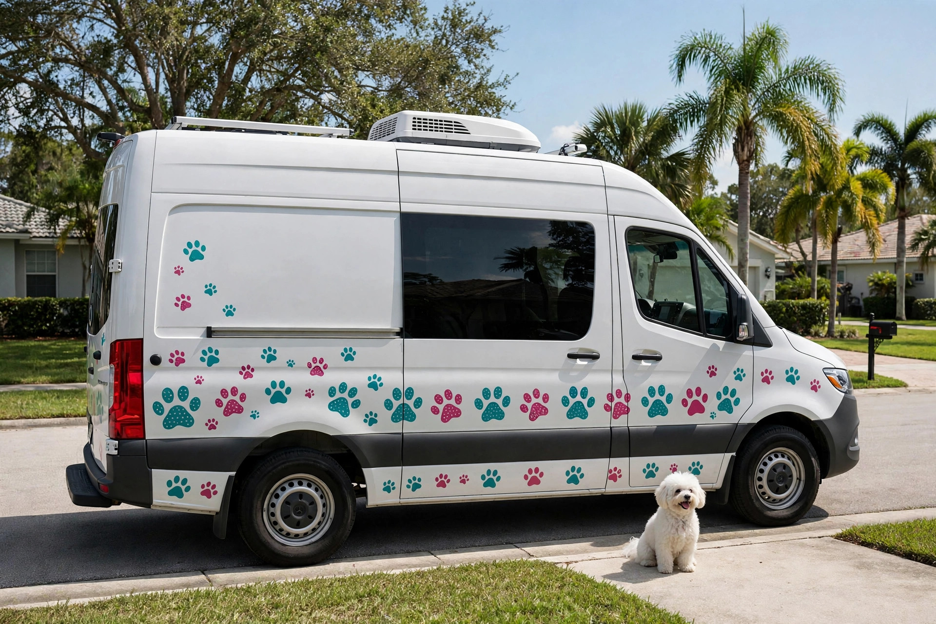 A mobile dog grooming van