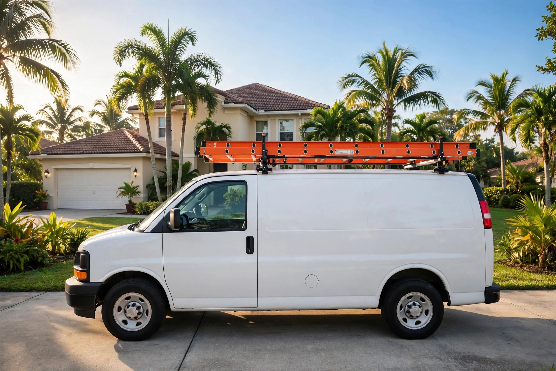 White work van with an orange ladder on its roof rack
