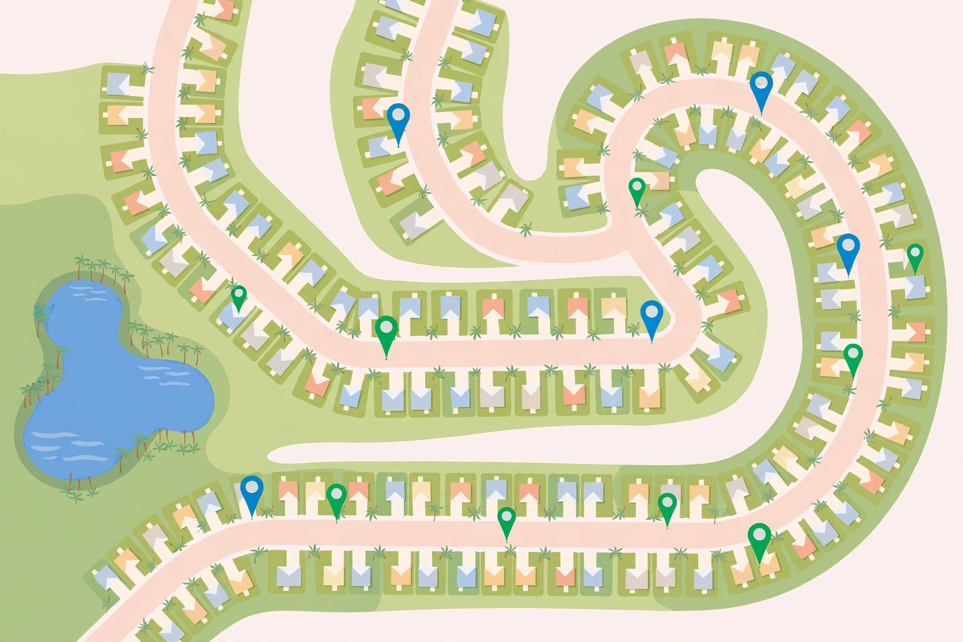 An illustrated neighborhood map with pins on customer homes