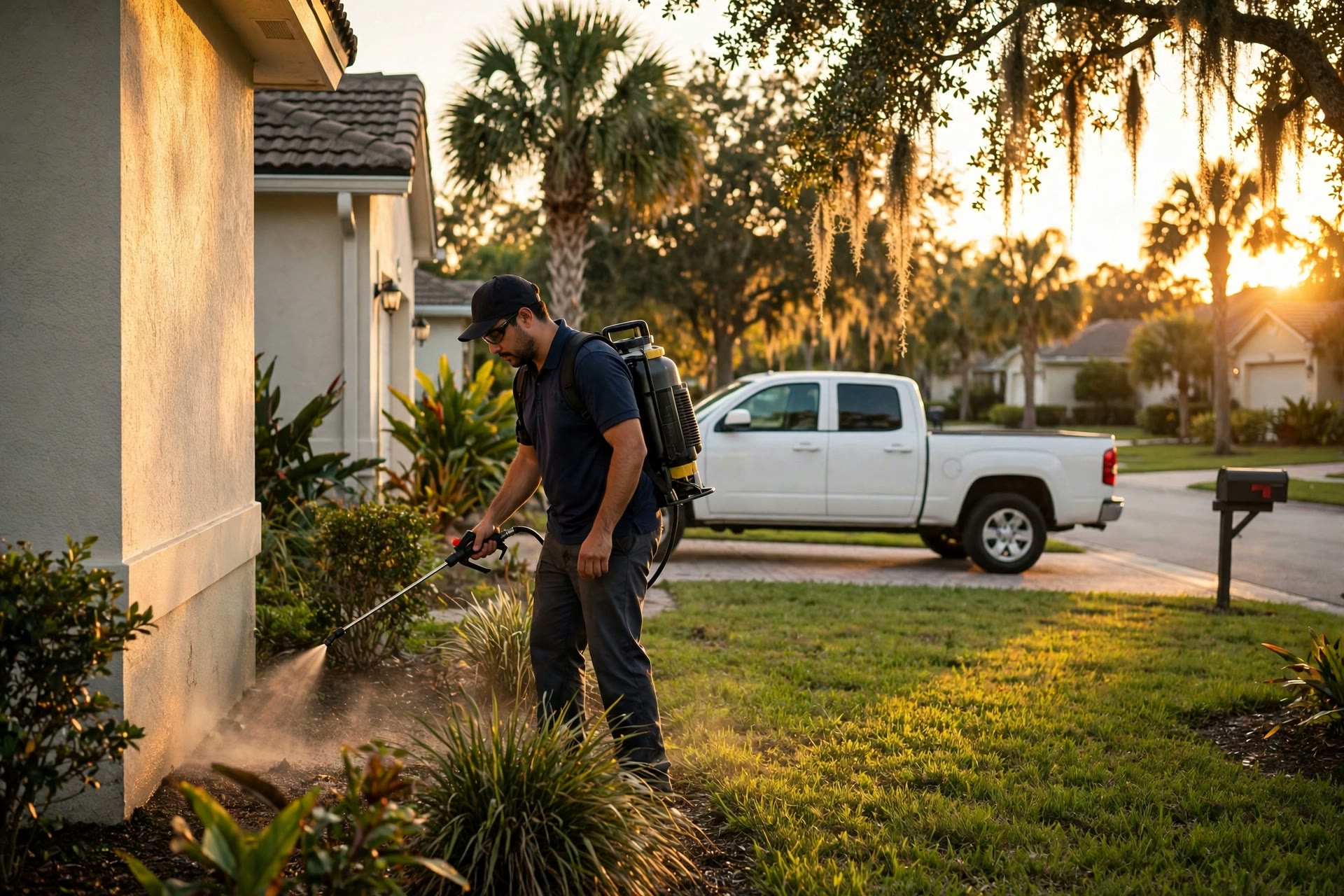 A pest control technician treating the outside of a home