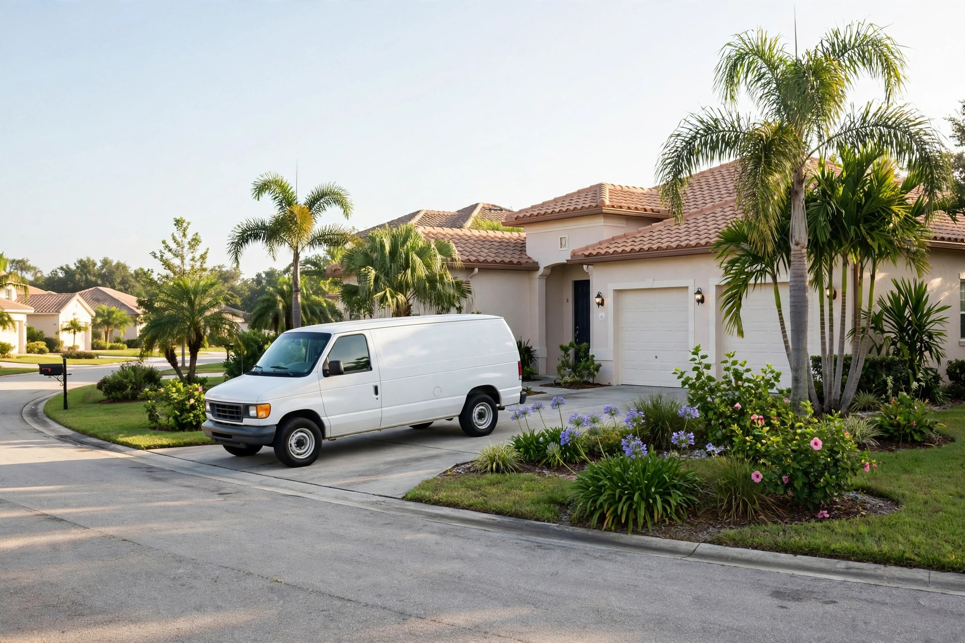 A work van arriving at a customer's home
